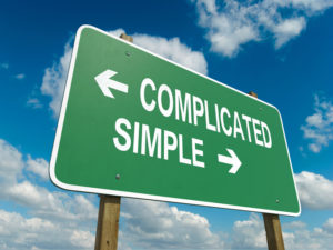 Simplify your life! A road sign with complicated simple words on sky background
