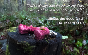 Dorothy's ruby slippers sitting on a stump in the woods